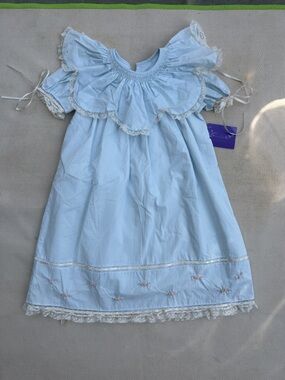 Light Blue Girls' Heirloom Dress with Rosette Embroidery & Lace Trim